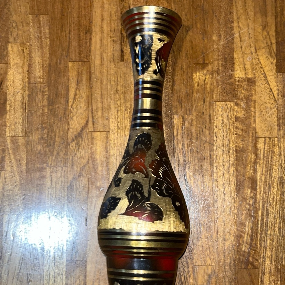 Vintage Handcrafted MCM Brass Enameled 9” Vase